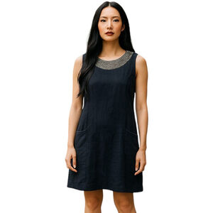 Lina Tomei Linen Shift Dress XL Black Beaded Italy